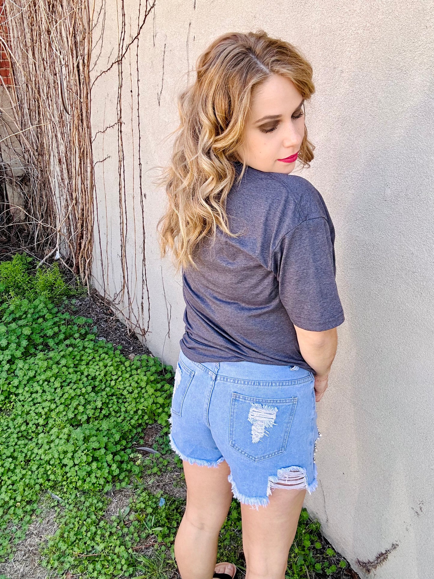 Denim light Wash shorts with pearls