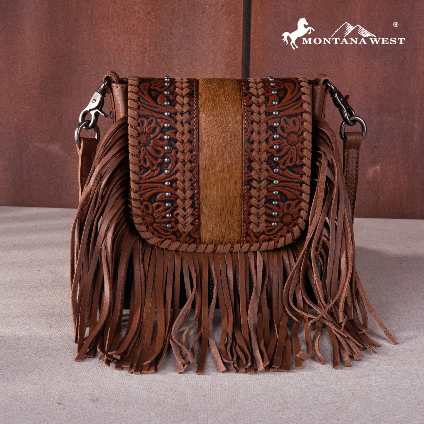 Genuine Leather Tooled  Hair On  Fringe Crossbody