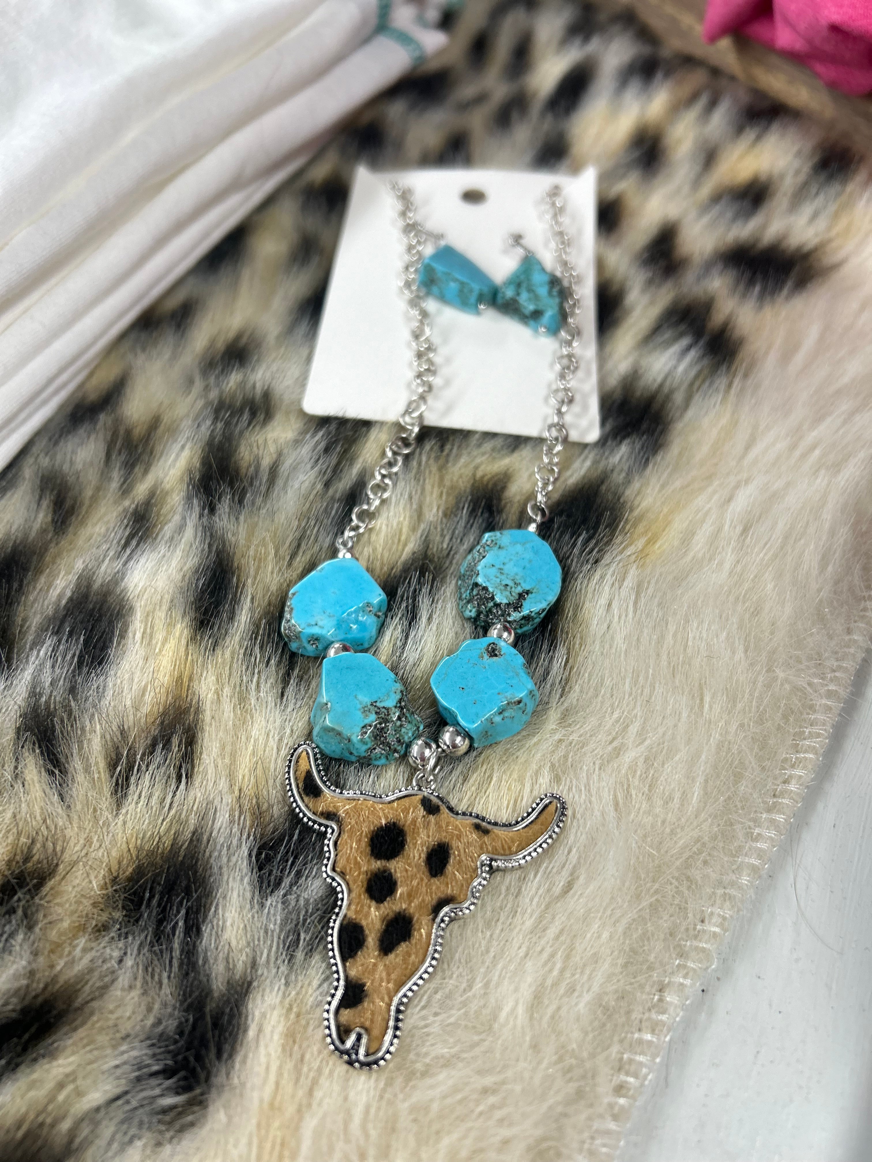 Leopard skull turquoise Necklace Earring Set