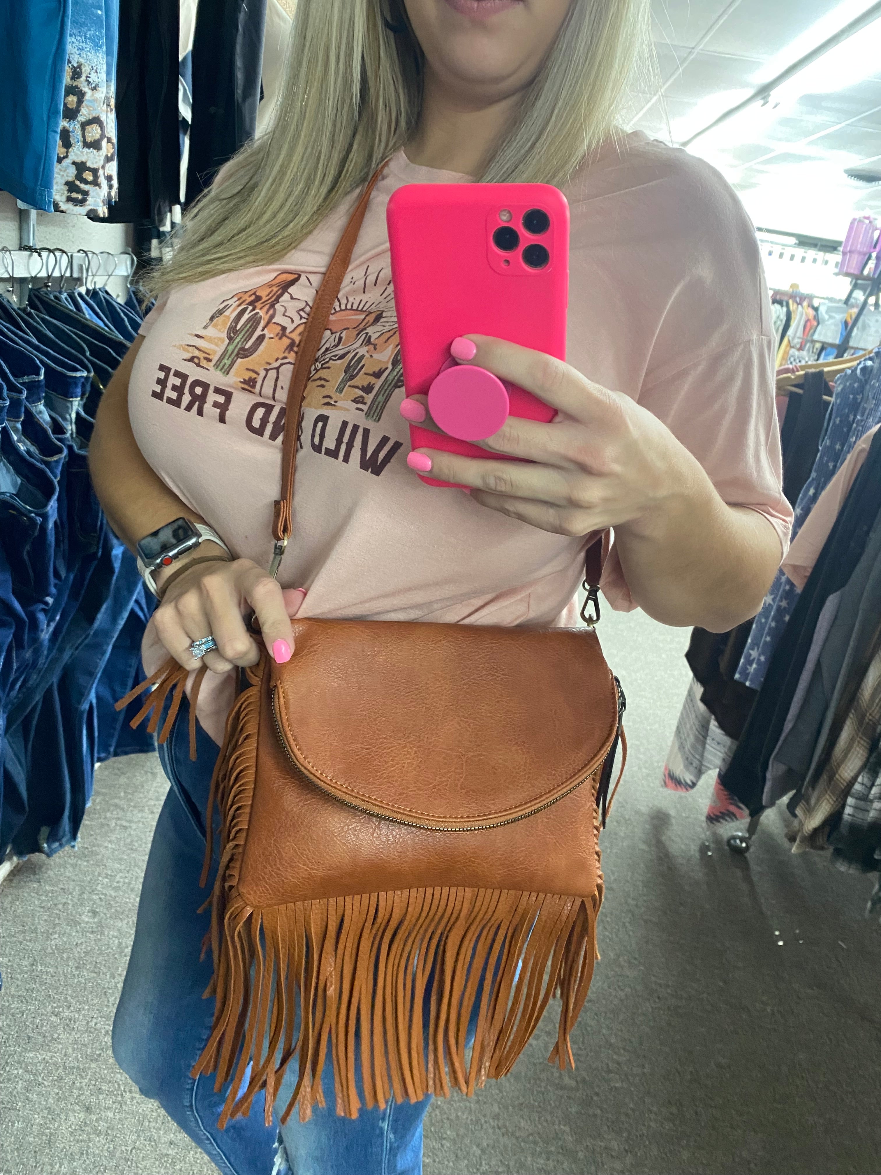 Brown fringe crossbody purse