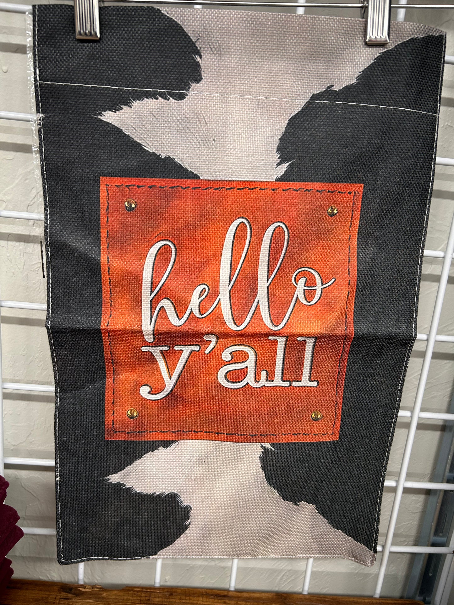 Hello y’all cow print Garden flag