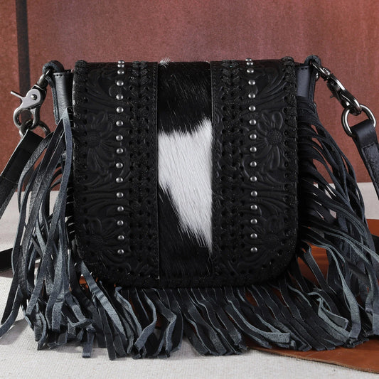 Genuine Leather Tooled  Hair On  Fringe Crossbody