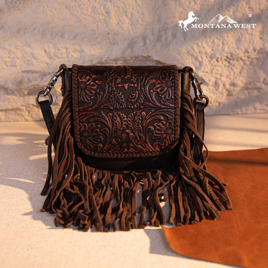 Montana West Genuine Leather Tooled Collection Fringe Crossbody