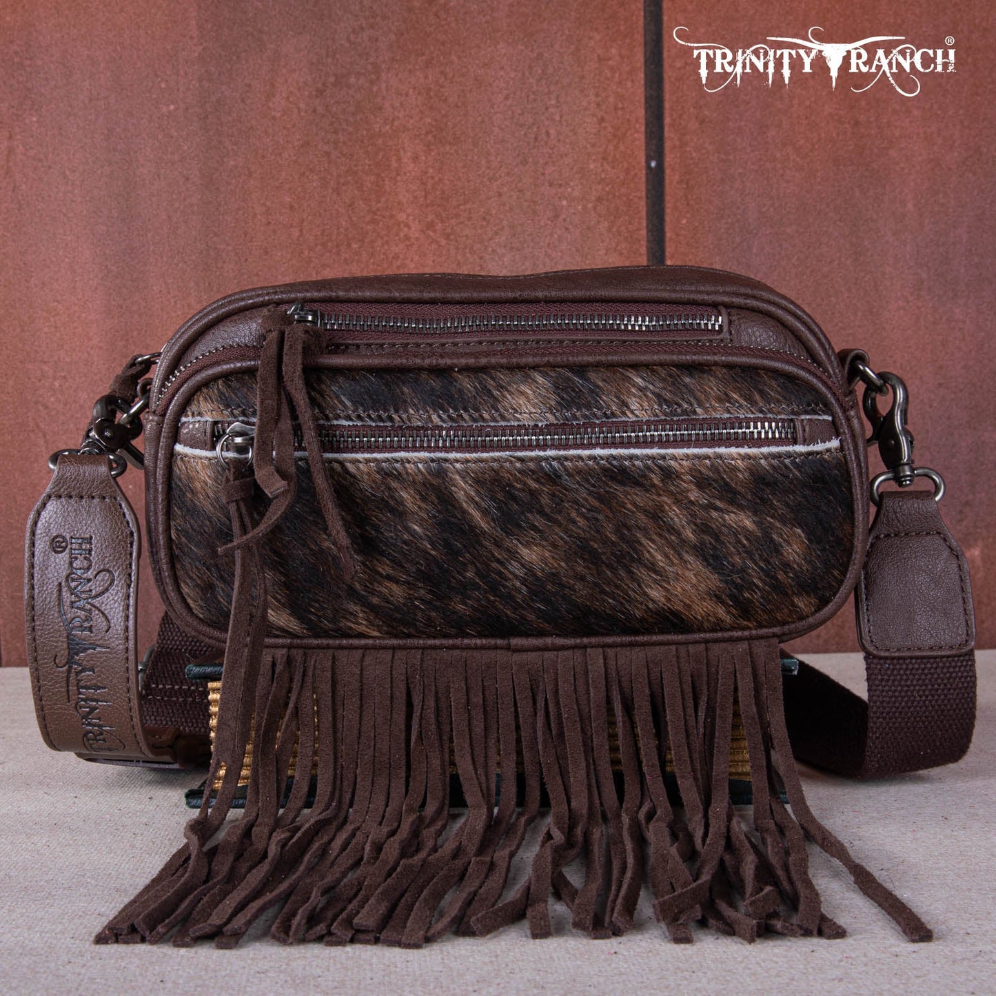 Trinity Ranch Genuine Hair-On Cowhide Triple Zippered Pocket Fringe Belt Bag