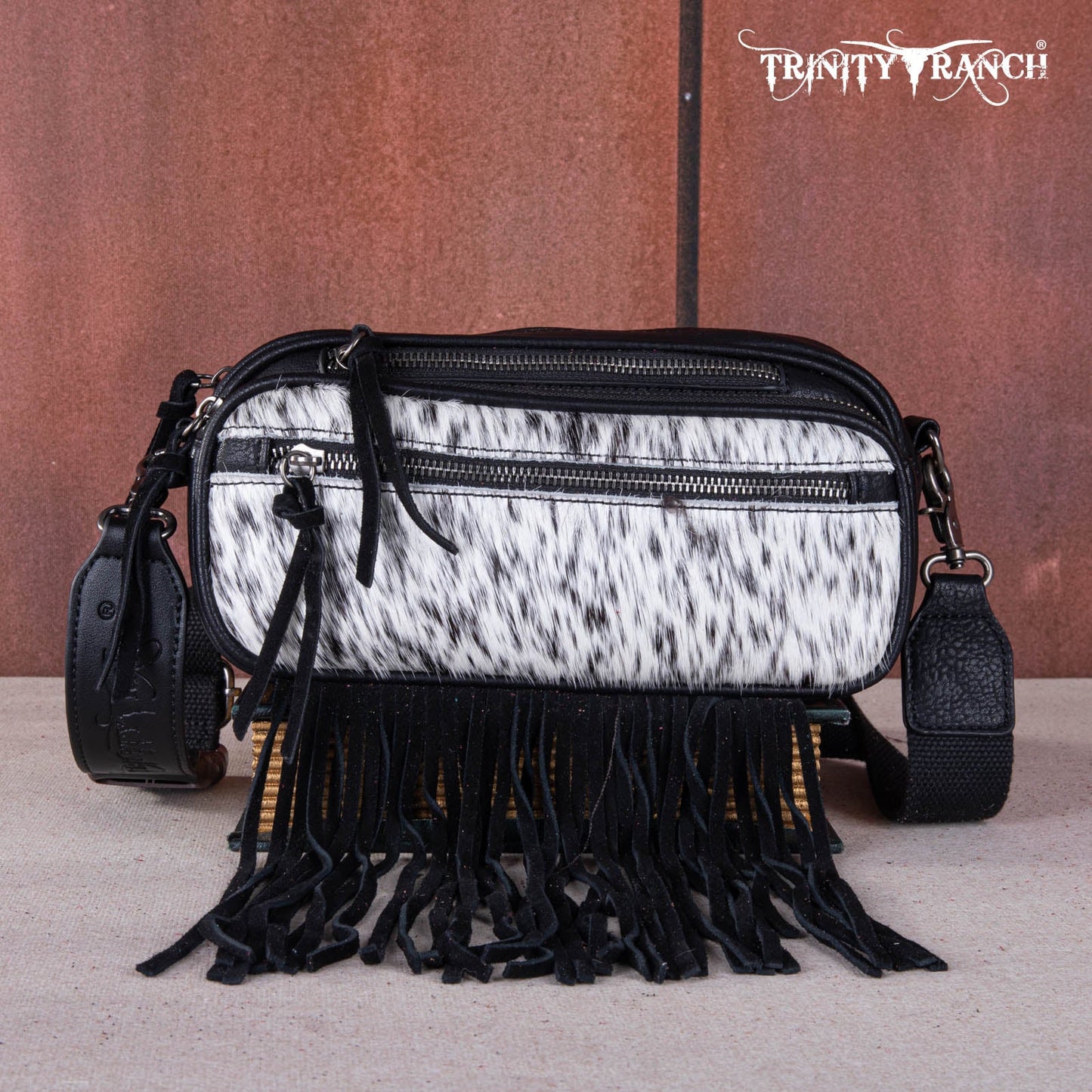 Trinity Ranch Genuine Hair-On Cowhide Triple Zippered Pocket Fringe Belt Bag