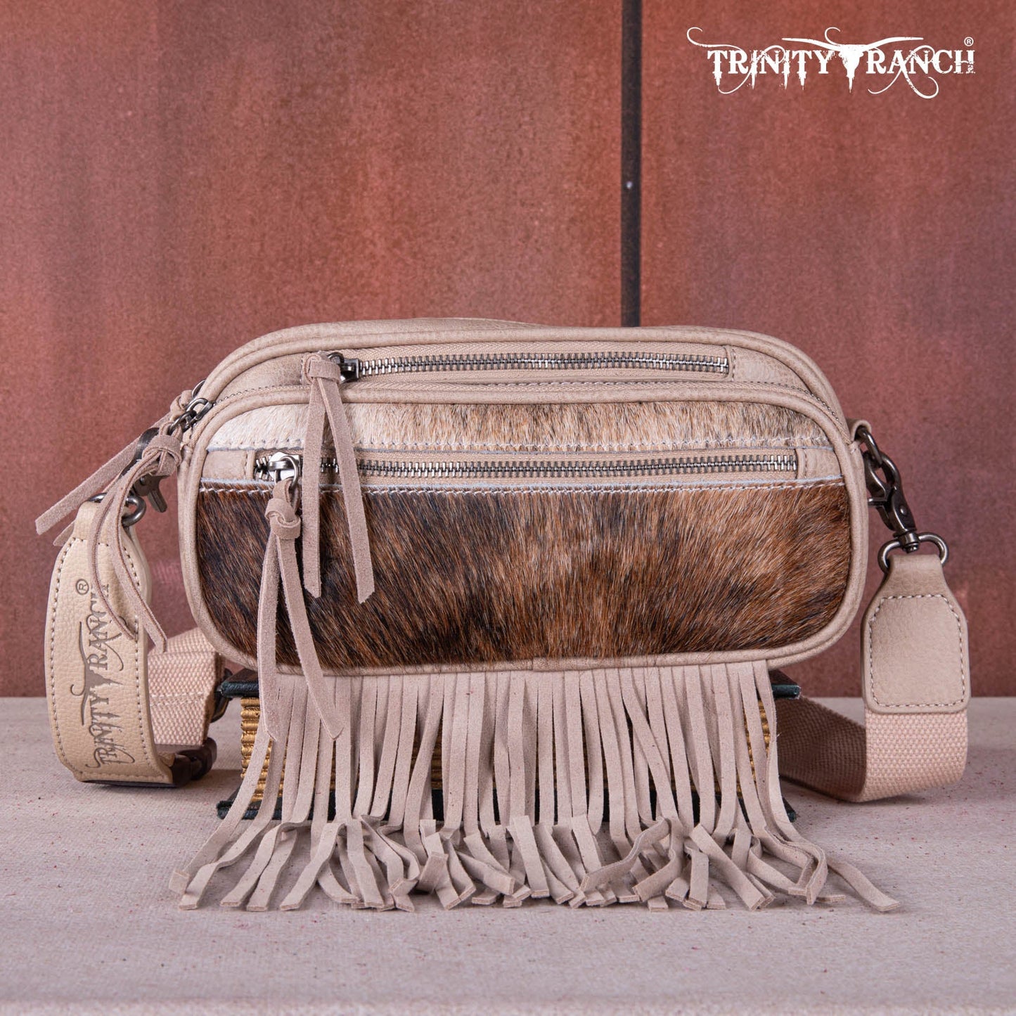 Trinity Ranch Genuine Hair-On Cowhide Triple Zippered Pocket Fringe Belt Bag