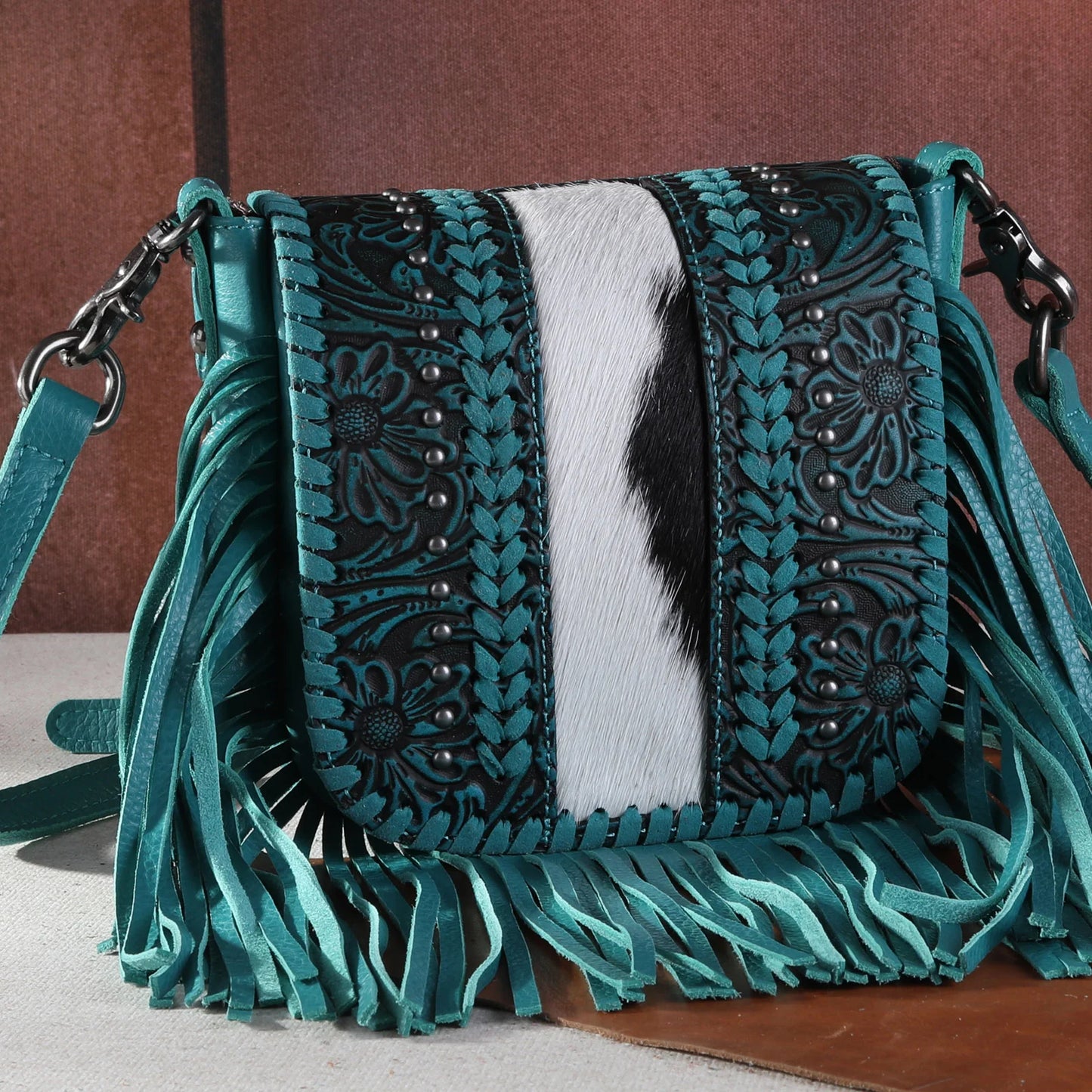 Genuine Leather Tooled  Hair On  Fringe Crossbody