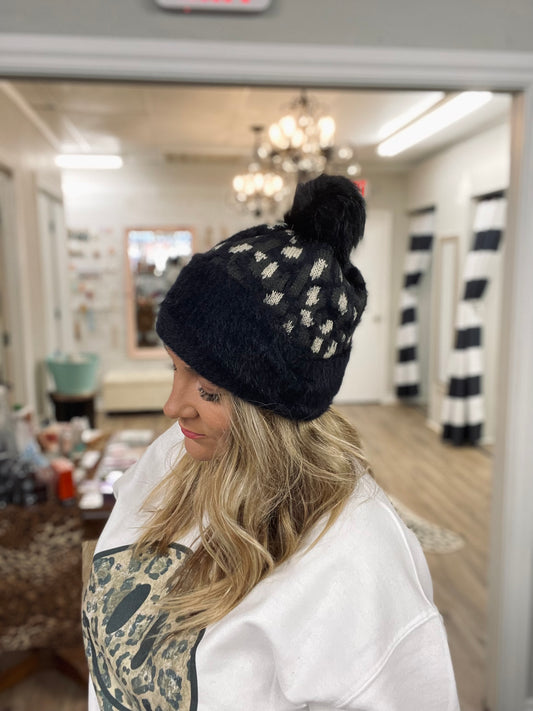 Leopard Furry Beanie with Black Pom