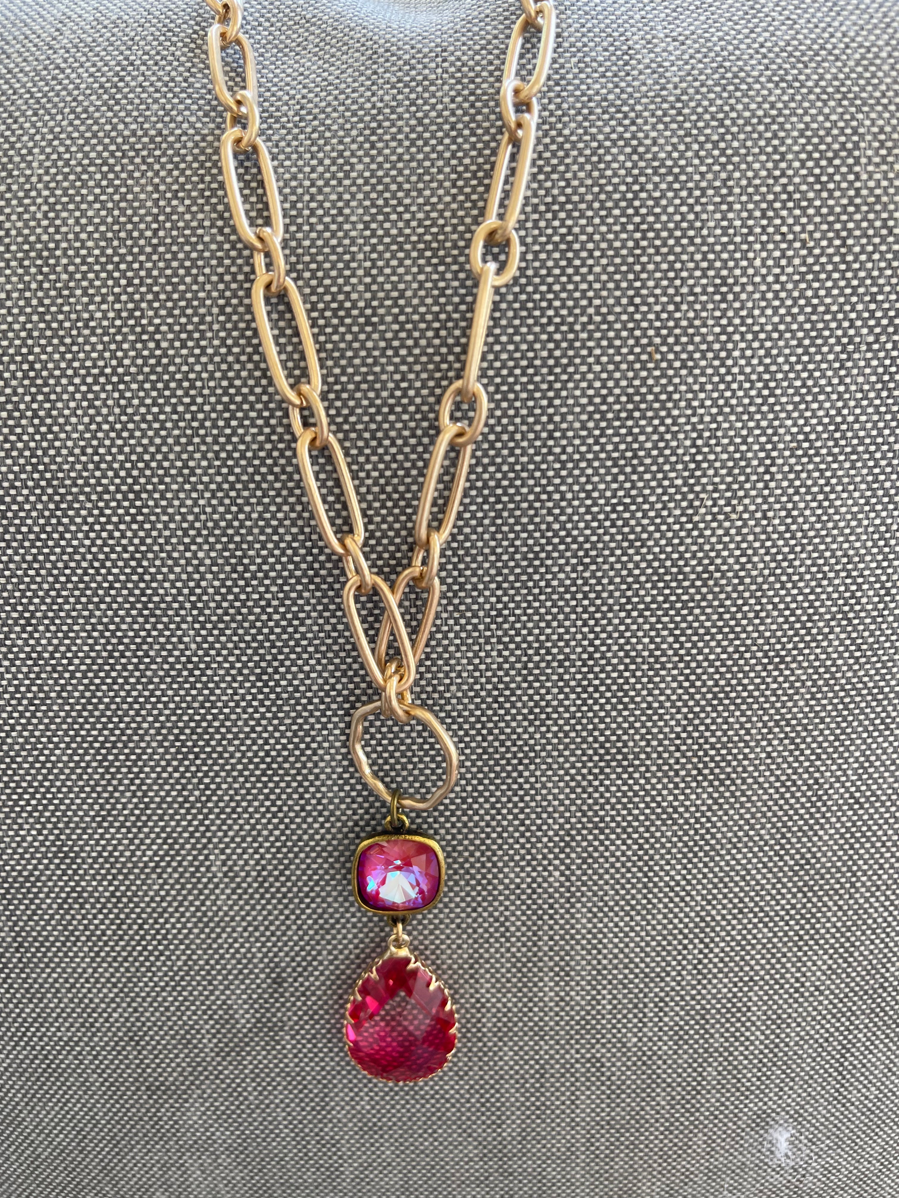 Pink Panache Gold Link Necklace with Large Pink Stones